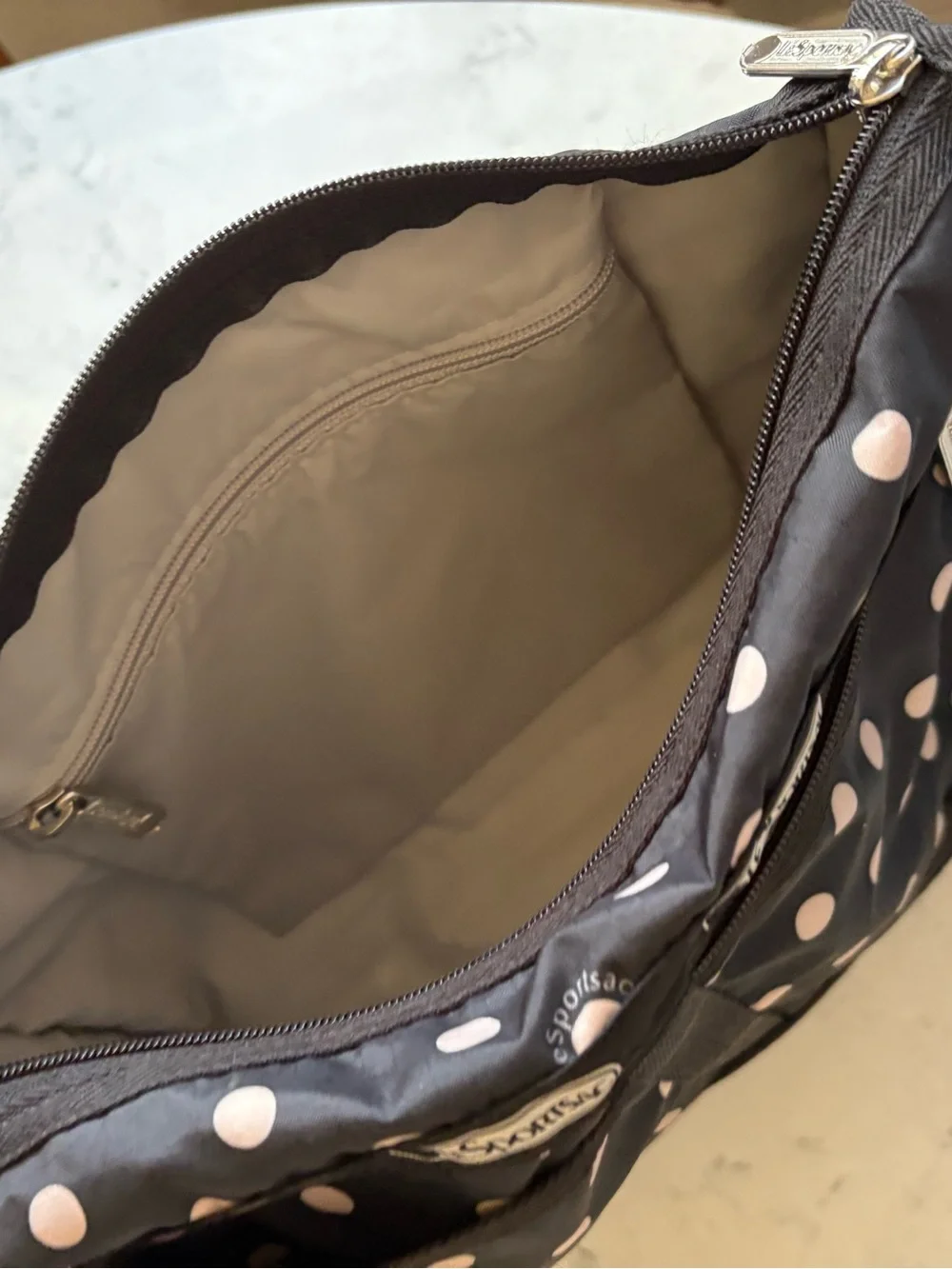 LeSportsac Black with Pink Polka Dot Crossbody Shoulder Bag